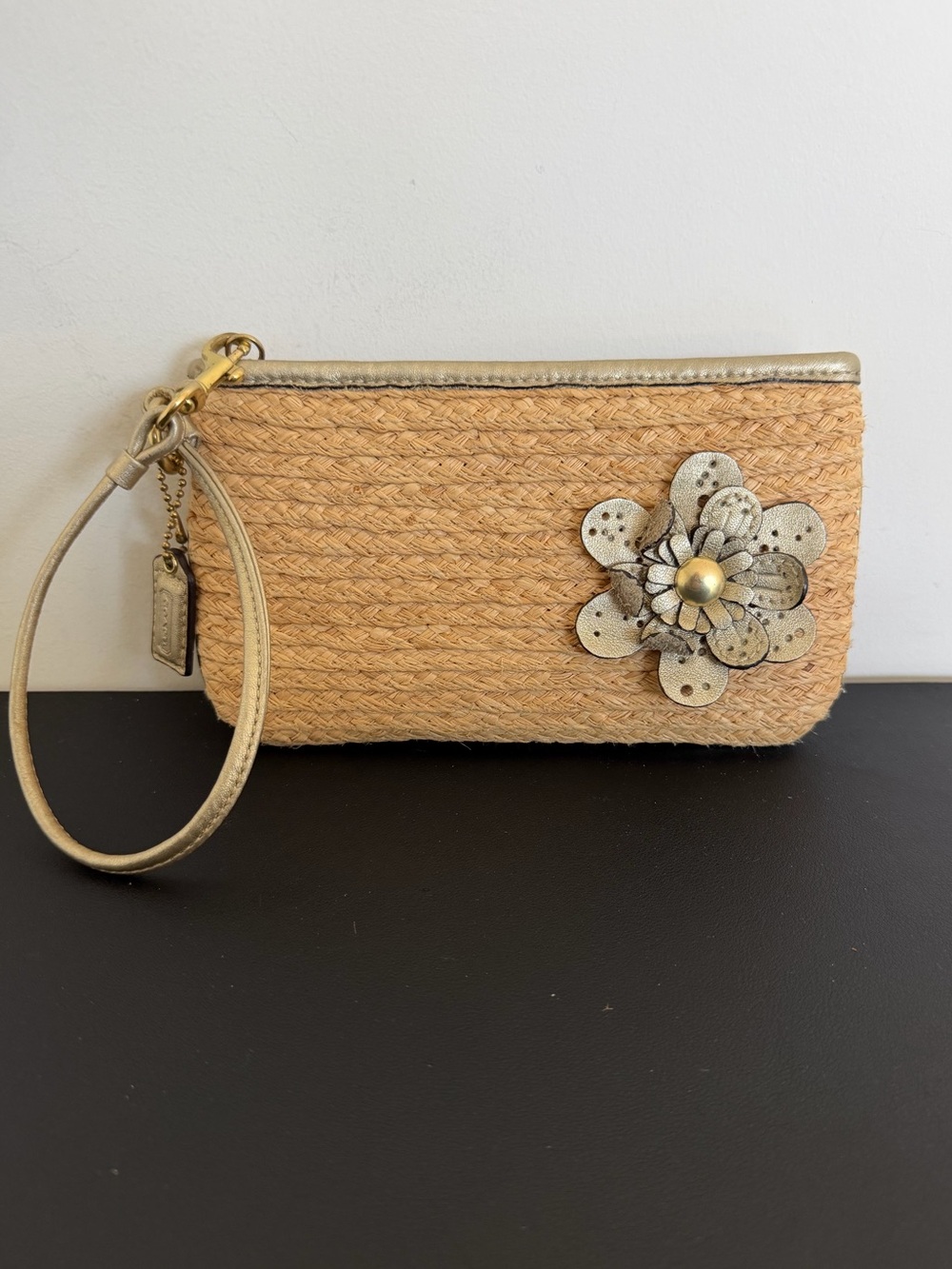 Coach Straw Floral Wristlet Metallic Leather Flower Wrist Strap